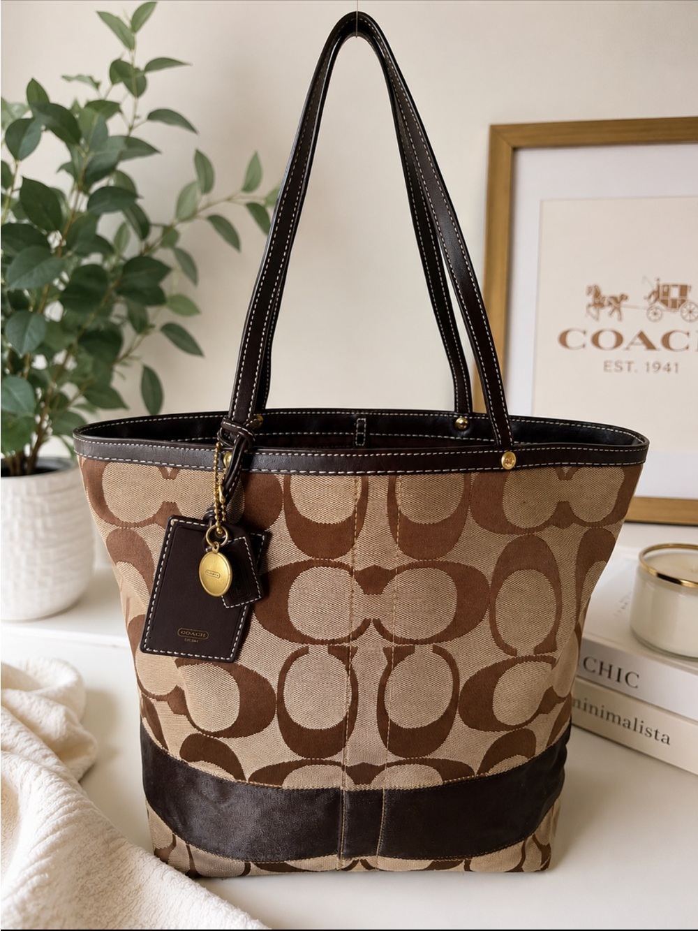 Coach Vintage Brown Signature Canvas Tote Bag Brown Leather Trim Style 10125